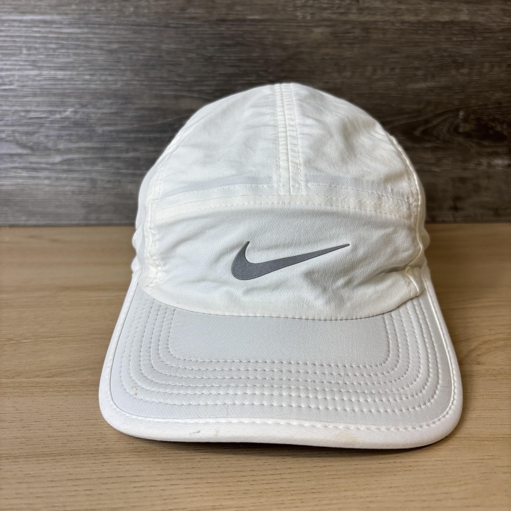 Nike Hat Cap Strap Back White Gray Dri-FIT AW84 Running 5-Panel Lightweight Mens